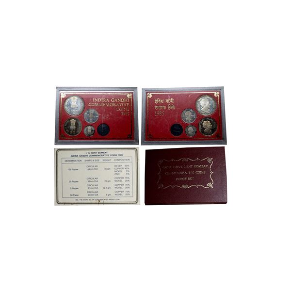 1985, Indira Gandhi, Proof set of 4 coins, 100 rupees, 20 rupees, 5 rupees and 50 paise, Bombay mint