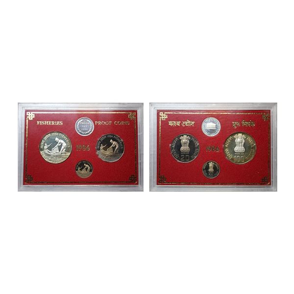 1986, Fisheries, Proof set of 3 coins, 100 Rupees, 20 Rupees and 50 Paise, Bombay mint