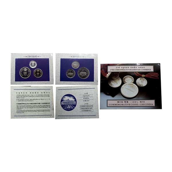1991, 37th Commonwealth Parliamentary Conference, UNC set of 3 coins, 10 rupees, 5 rupees and 1 rupe