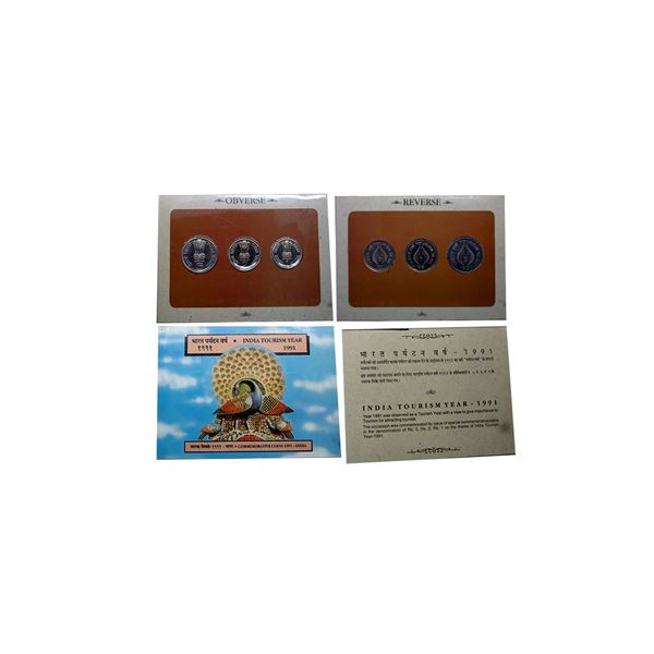 1991, India Tourism Year, UNC set of 3 coins, 5 rupees, 2 rupees and 1 rupee, Bombay mint, RB 153, i