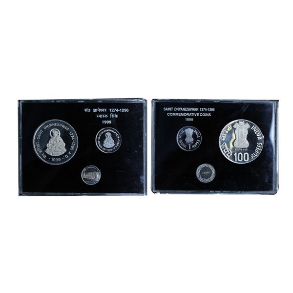 1999 Proof set, Saint Dnyaneshwar, set of 2, Rupee 1 and 100, Kolkata Mint. In immaculate condition,