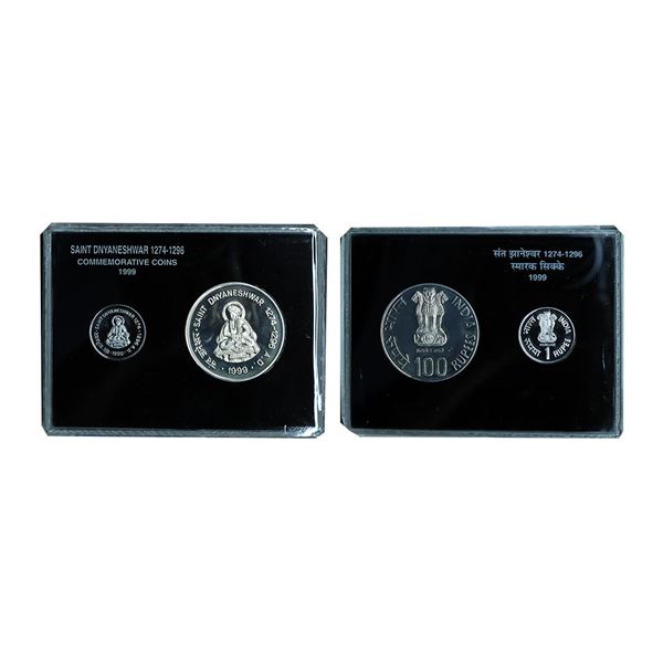 1999 Uncirculated set, Saint Dnyaneshwar, set of 2, Rupee 1 and 100, Kolkata Mint. In immaculate con