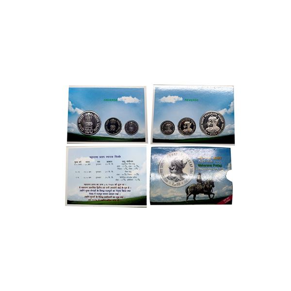 2003, Maharana Pratap, UNC set of 3 coins, 100 rupees, 10 rupees and 1 rupee, Mumbai mint, RB 263, i