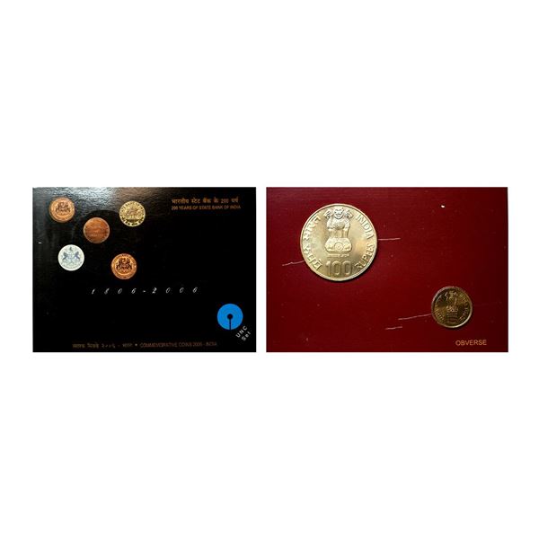 2006, 200th years of State Bank of India, UNC set of 2 coins, 100 rupees and 5 rupees, Kolkata mint,