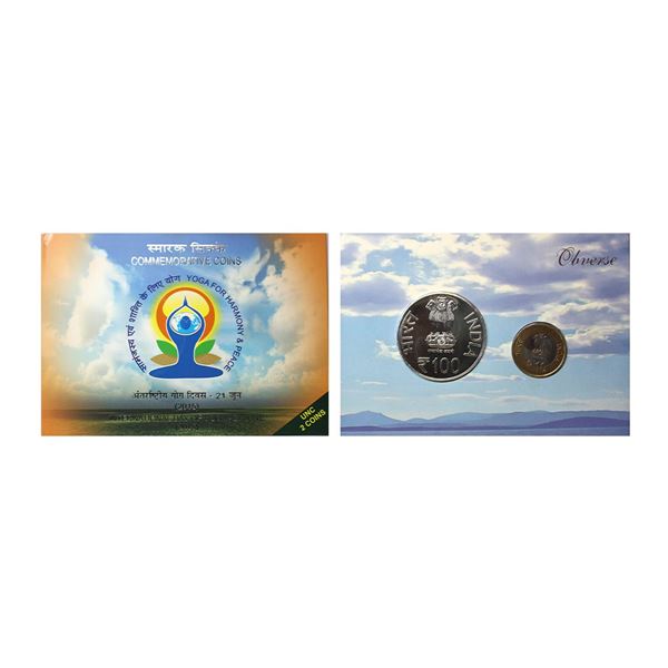 2015, International Day of Yoga, UNC set of 2 coins, 100 rupees and 10 rupees, Mumbai mint