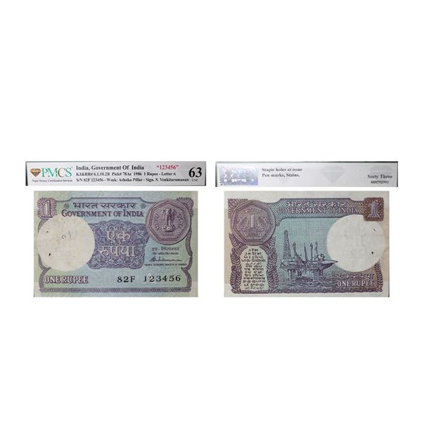 1 Rupee, 1986, Ladder Number, Inset A, Signed by S. Venkitaramanan, Serial: 82F 123456, Graded 63 UN