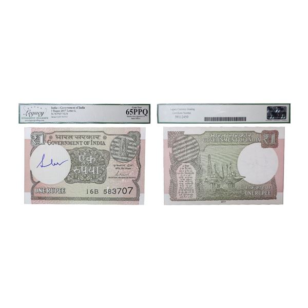Rupee 1, 2017, signed Shaktikanta Das, signed autograph of the Finance Secretary in the watermark ar