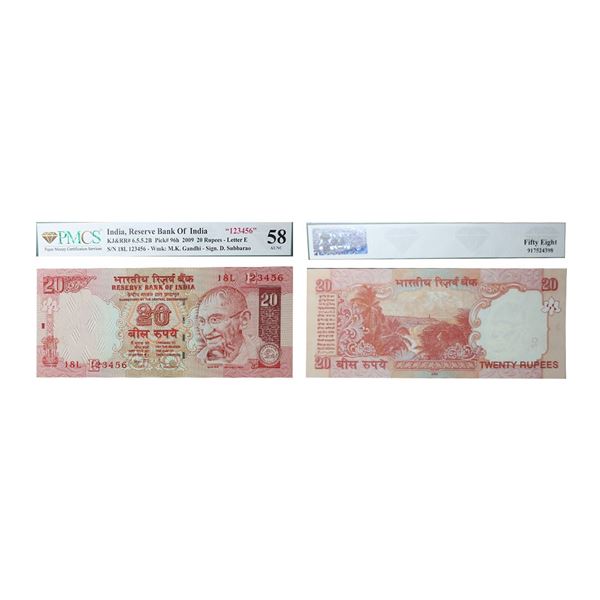 20 Rupees, 2009, Fancy Number, Ladder Numbers, Signed by D. Subbarao, Inset E, Serial No. 18L 123456