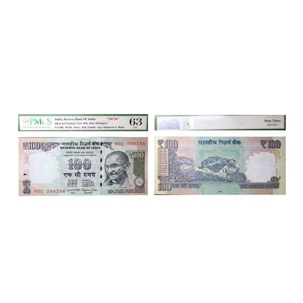 100 Rupees, Fancy Number, 2014, Signed by Raghuram Rajan, Serial No. 9DC 786786, PMCS Graded 63 Unci