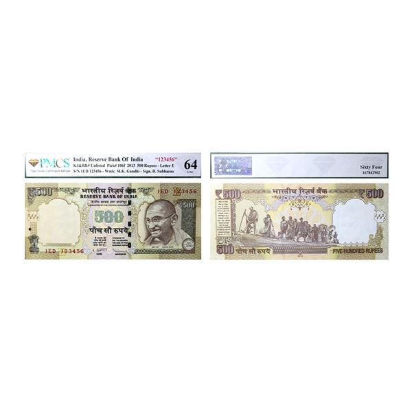 500 Rupees, 2013, Fancy Number, ladder, Old Gandhi Series, Signed by D. Subbarao, Inset E, Serial No
