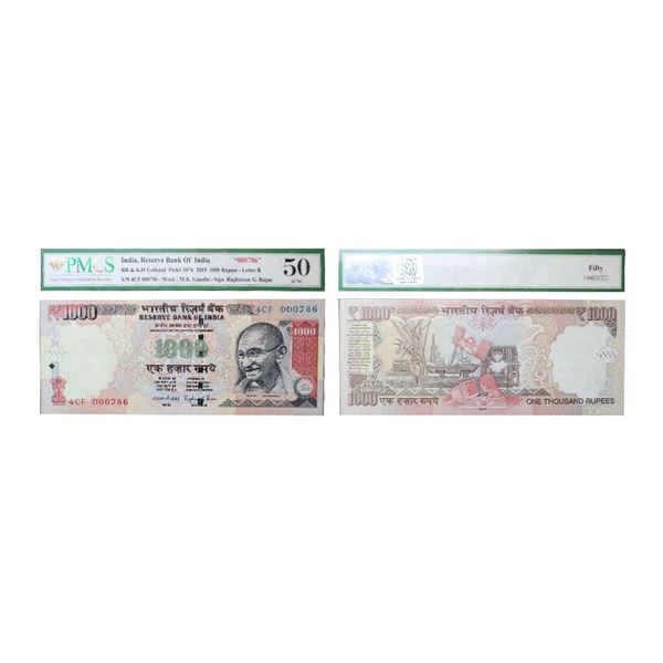 1000 Rupees, 2015, Fancuy Number, Old Gandhi Series, Inset R, Signed by Raghuram G. R