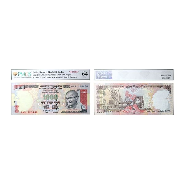 1000 Rupees, 2009, Fancy Number, ladder, Old Gandhi Series, Signed by D. Subbarao, Serial No. 4AS 12