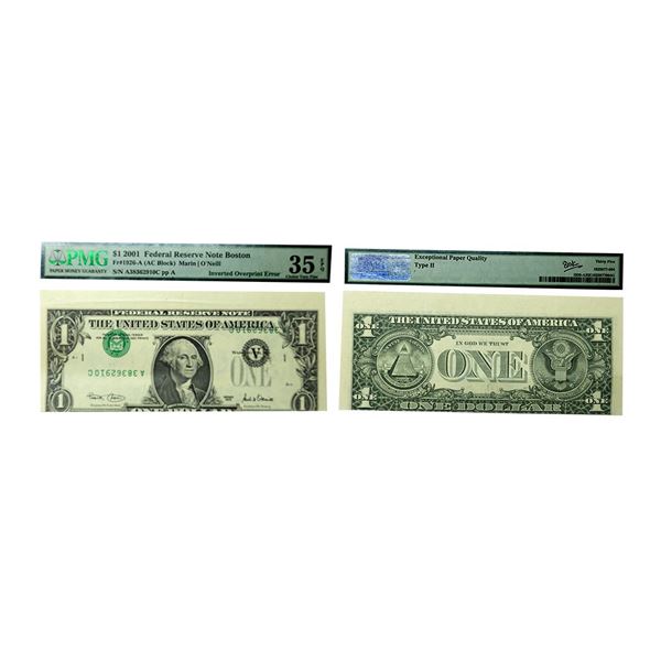 United States of America, One Dollar, Misprint, Inverted Overprint error, Federal Reserve Note Bosto