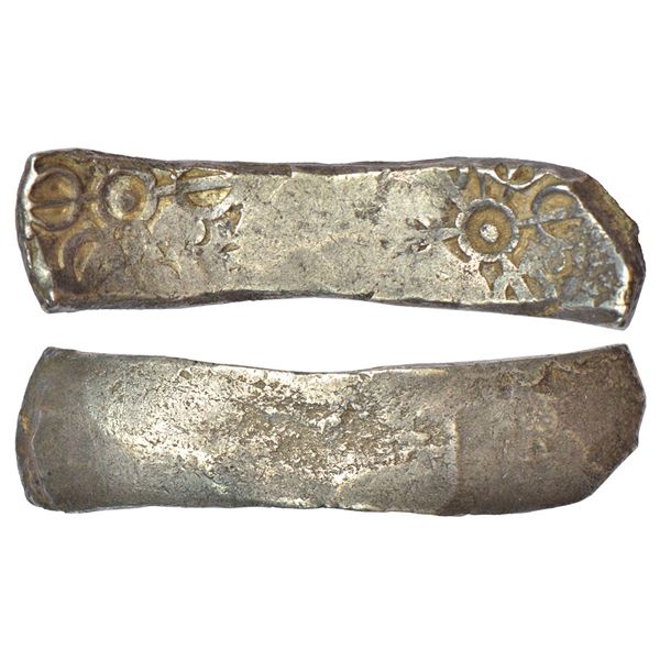 Ancient India: Archaic silver punch marked 'bent bar' coin, attributed to 'Gandhara Janapada'