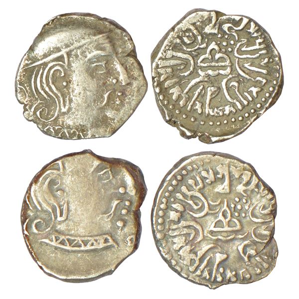 Ancient India: Western Kshatrapas, Karddamaka dynasty, two silver drachms of Swami Rudrasimha III
