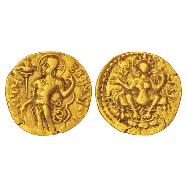 Ancient India: Gupta Empire - gold dinar of Chandragupta II, 'archer X goddess on throne