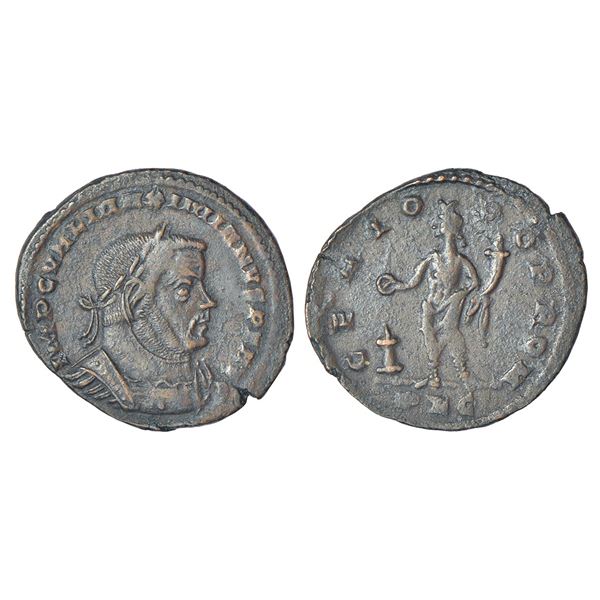 Ancient World: Roman Empire - silvered follis of Maximianus (286-305 AD), Lyon mint, struck 308-309