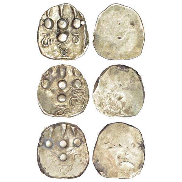Medieval India: Pre-Islamic Sindh - a group of three uniface silver dammas (c.600-800AD), each havin