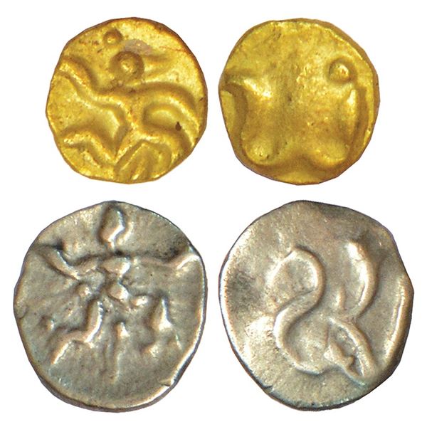 Medieval India: Shilaharas of Kolhapur, two 'Garuda' type coins, 1x gold ¼ fanam, MCSI-I 393-396, 0.