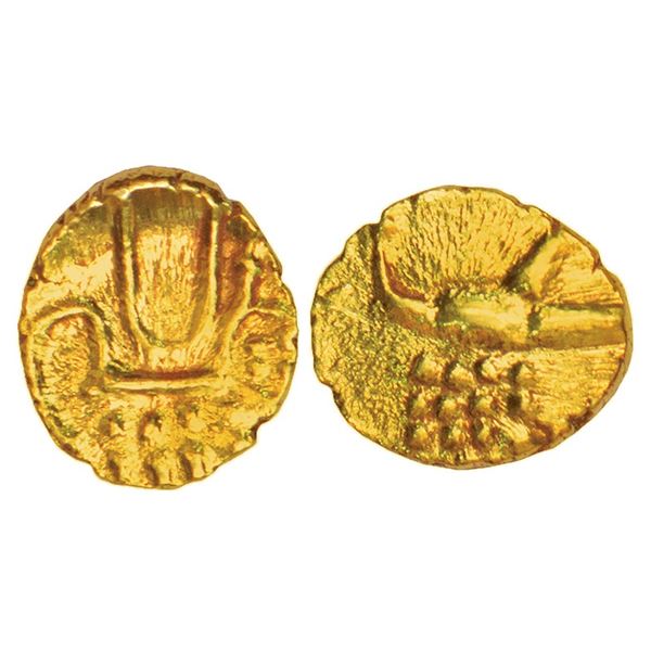 Medieval India: Hoysalas, gold fanam of Vira Raya, MCSI-I 324, 0.39g. Obv: Stylized lion standing ri