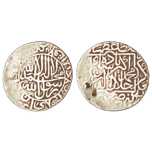 Mughals: Akbar (1556-1605 AD), silver shahrukhi, Hazrat Delhi mint, 4.75g. Obv: Kalima in circular
