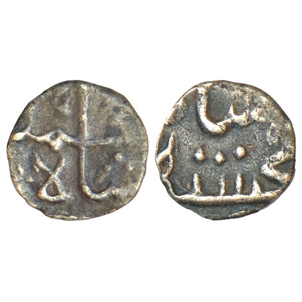 Mughals: Muhammad Shah (1719-1748 AD), silver 1/32 rupee, Khujista Bunyad mint, KM A431, 0.26g.