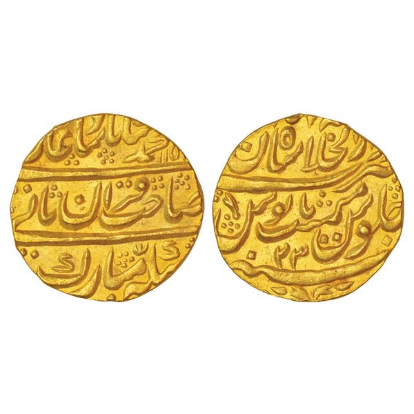 Mughals: Muhammad Shah (1719-1748 AD), gold mohur, Dar ul-Khilafat Shahjahanabad mint, AH 115x/RY 23