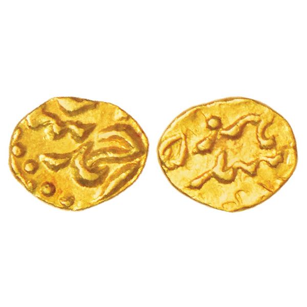 Mughals: Ahmad Shah Bahadur (1748-1754 AD), gold ½ fanam, Siddhaut mint (fully visible), unlisted in