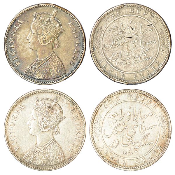 Princely States: Alwar, Mangal Singh (1874-1892 AD), silver rupee (2), 1x AD 1788 (error for 1877),