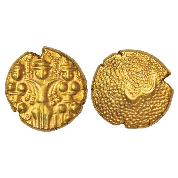 Princely States: Arkat, gold 3 swami pagoda, KM 14, 3.38g. Obv: Lord Balaji Standing with his wives;