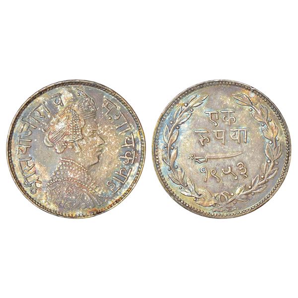 Princely States: Baroda, Sayaji Rao III (1875-1938 AD), silver rupee, VS 1953, KM Y36a, 11.34g. Obv: