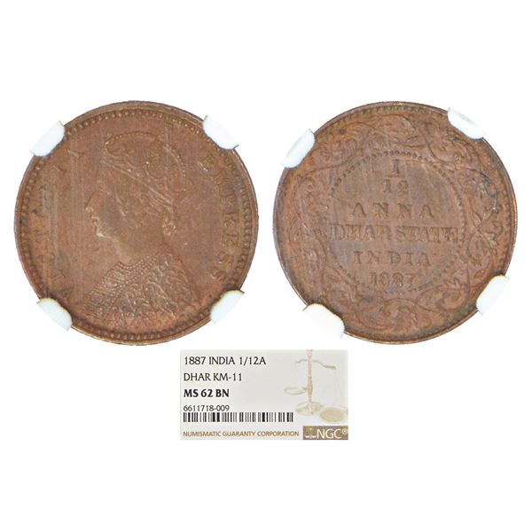 Princely States: Dhar, Anand Rao III (1860-1898 AD), copper 1/12 anna, 1887, KM 11. Obv: Portrait bu