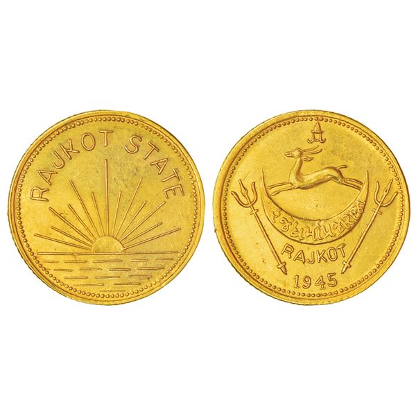 Princely States: Rajkot, Dharmendra Singhji (1930-1948 AD), gold mohur, 1945, KM X1, 7.98g. Obv: Leg