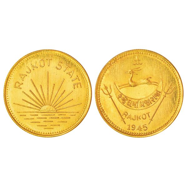 Princely States: Rajkot, Dharmendra Singhji (1930-1948 AD), early re-strike gold mohur, 1945, KM X1,
