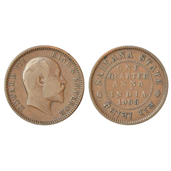 Princely States: Sailana, Jaswant Singh (1890-1919 AD), copper ¼ anna, AD 1908, KM 15, 4.82g. Obv: P
