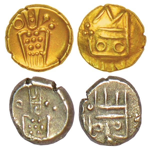 Indo-Dutch (2), gold and silver fanam, ND, 0.36g each. Obv: Degenerate Kali. Rev: Degenerate vestige