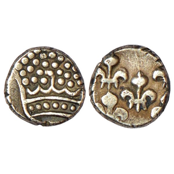 Indo-French, Pondicherry mint, silver fanon, KM 44, 1.52g. Obv: Pearled crown. Rev: 5 fleur de-lis.