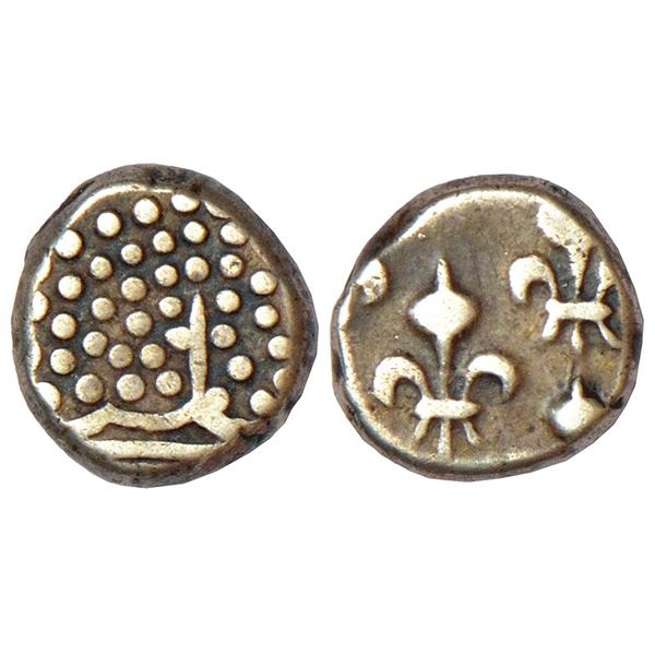 Indo-French, Pondicherry mint, silver fanon, KM 44, 1.45g. Obv: Pearled crown. Rev: 5 fleur de-lis.