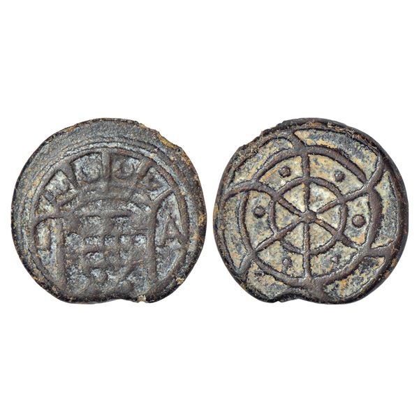Portuguese India, D. Joao V (1706-1750 AD), Damao, tin 5 bazarucos, KM 8, 4.54g. Obv: Crowned arms d