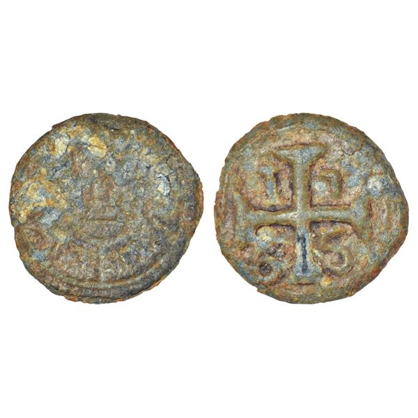 Portuguese India, D. Jose I (1750-1777 AD), Diu, tin 5 bazarucos, AD 1765, KM 35, 3.82g. Obv: Crude