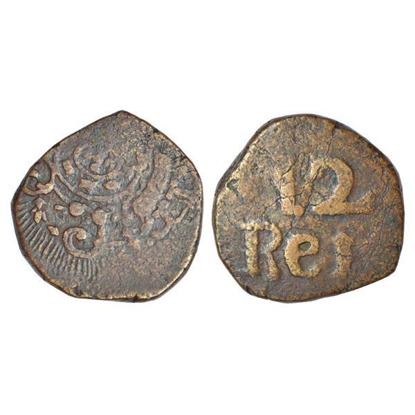 Portuguese India, D. Joao VI (1816-1826 AD), Goa, copper 12 reis, KM 215. Obv: Crowned oval arms. Re