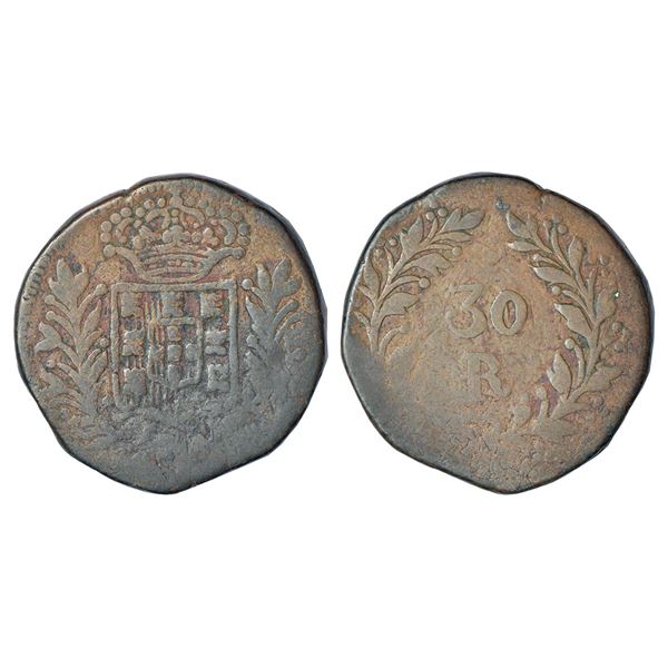Portuguese India, D. Maria II (1834-1853 AD), Damao, copper 30 reis, KM 23, 19.20g. Obv: Crowned arm