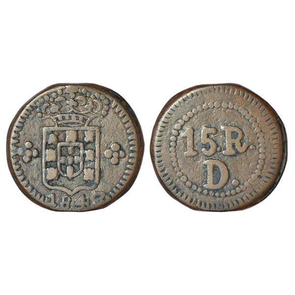 Portuguese India, D. Maria II (1834-1853 AD), Damao, copper 15 reis, AD 1843, KM 25, 9.15g. Obv: Cro