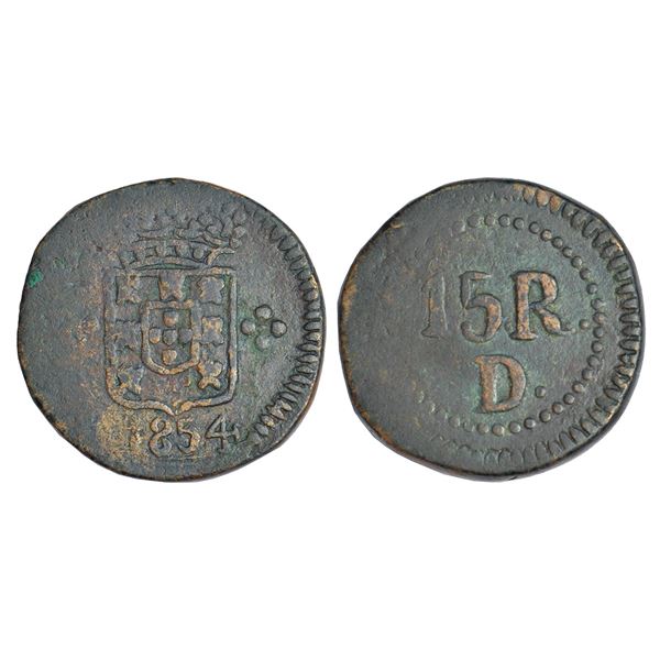 Portuguese India, D. Pedro V (1853-1861 AD), Damao, copper 15 reis, AD 1854, KM 26, 9.16g. Obv: Crow
