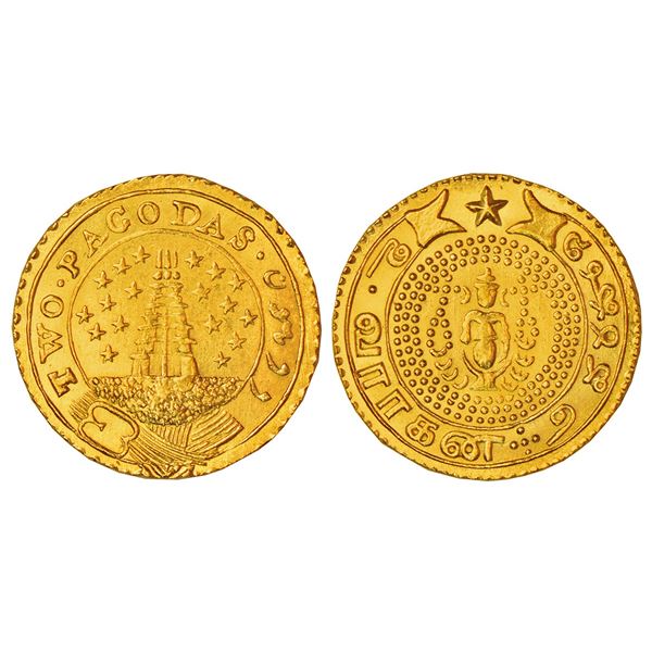 Madras Presidency, Madras mint, gold 2 pagoda, ND (1808-1815 AD), KM 358, 5.94g. Obv: 9 stars on eit