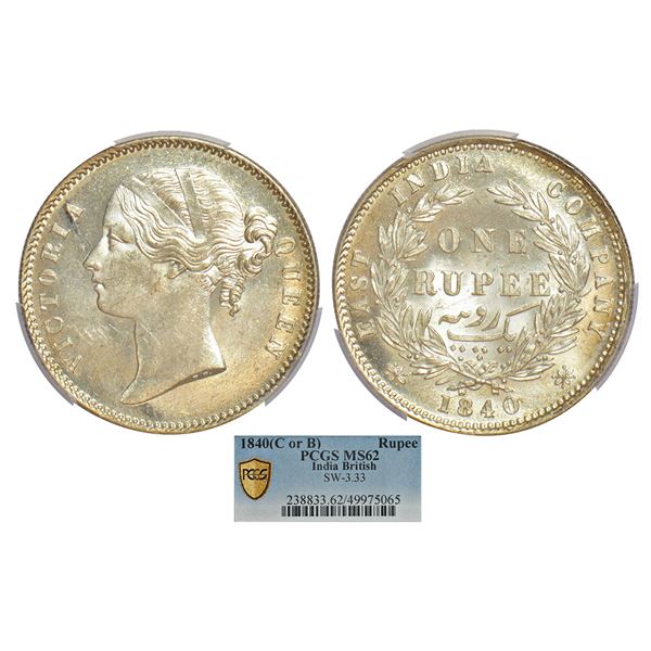 British India: Victoria Queen, divided legend, silver rupee, 1840, Calcutta/Bombay mint, 'W.W. ' rai