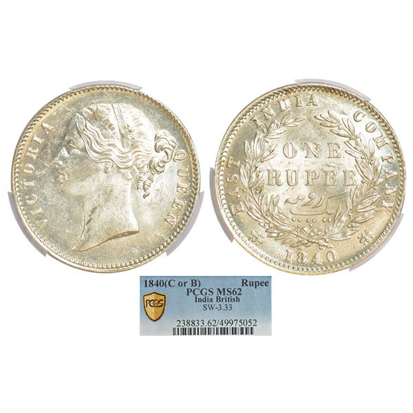 British India: Victoria Queen, 39 divided legend, silver rupee, 1840, Calcutta/Bombay mint, 'W.W. '