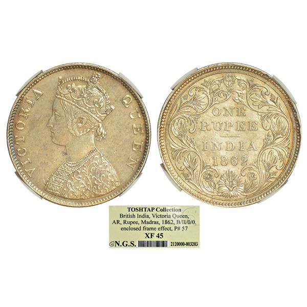 British India: Victoria Queen, silver rupee, 1862, Madras mint, B/II/0/0, elongated pearls on both a