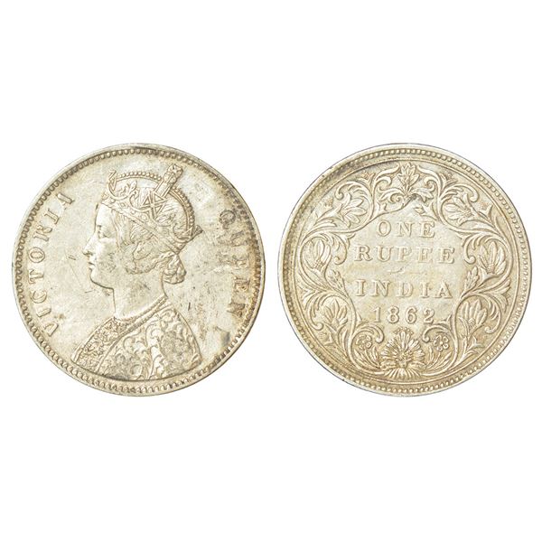 British India: Victoria Queen, silver rupee, 1862, Bombay mint, A/II/0/6, without initial J, PR 86;