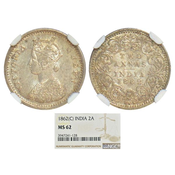 British India: Victoria Queen, silver 2 annas, 1862, Calcutta mint, top three petals of the bottom o